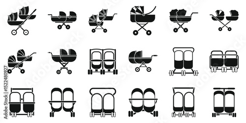Double pram icons set. Exploring various designs of double baby strollers, ideal for twins or siblings, symbolizing family life and childcare