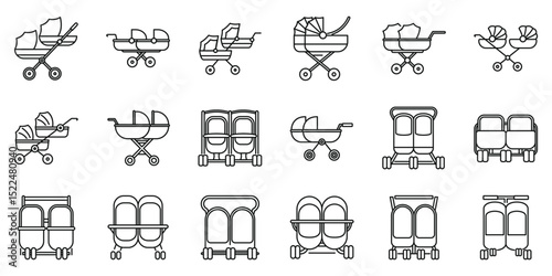Double pram icons set. Collection of linear baby stroller icons showcasing diverse designs for newborns, infants and toddlers, including single and double strollers