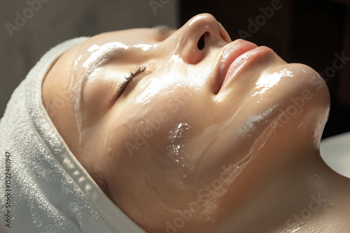 Woman with nourishing gel face mask during spa treatment. Close-up of glowing hydrated skin in professional beauty salon.