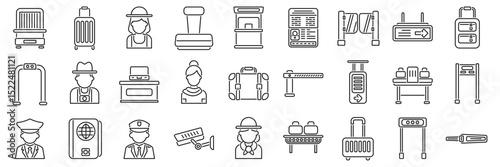 Passport border control icons set. Line art icon set representing airport security, baggage handling, passenger services, and navigation, ideal for travel and aviation related projects