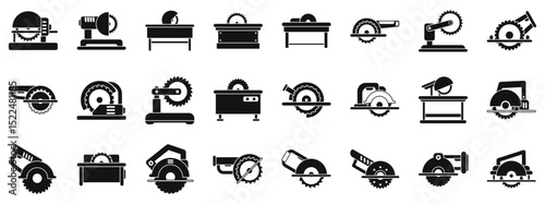 Circular saw machine icons set. Set of circular saw blades for cutting wood and table saws used in woodworking and carpentry