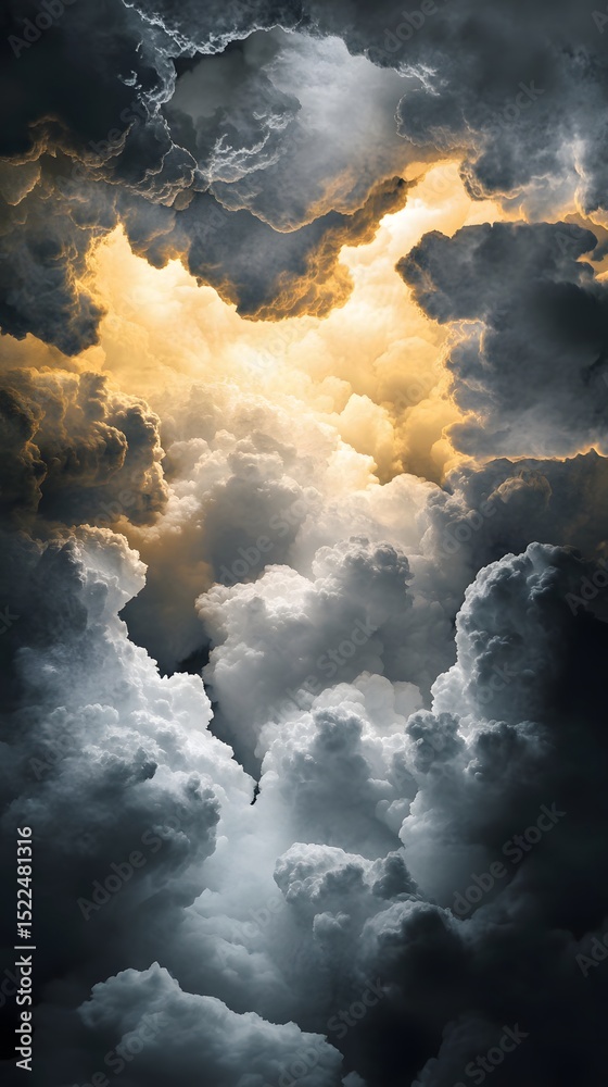 Obraz premium Dramatic cloudscape with golden light penetrating the storm clouds.