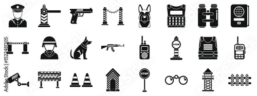 Border guard icons set. Collection of security and defense icons in black and white