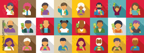 People holding cash dollar icons set. People of different ages, ethnicities, and genders holding banknotes, representing financial concepts