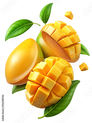3D Realistic Mango with Sliced Cubes and Leaves – Tropical Fruit Illustration on Transparent Background
