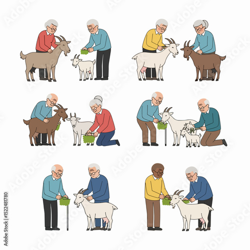 Seniors feeding goats flat art