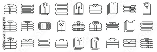 Folded clothes stack icons set. Neat stacks of folded shirts, sweaters, and towels symbolize organization, laundry, and clothing storage