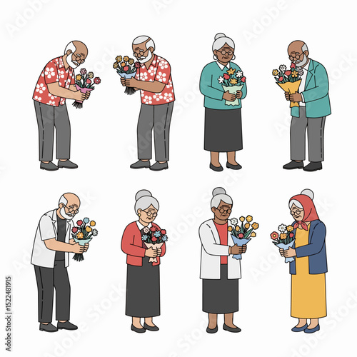 Elderly people with flower bouquets stand together