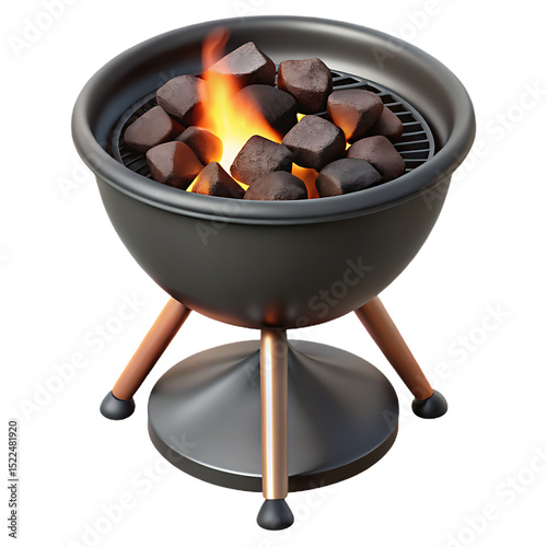 3D Charcoal BBQ Grill with Burning Fire – Realistic Barbecue Illustration on Transparent Background