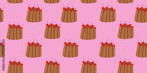 Hand drawn vintage dessert food seamless pattern for fabric, wrapping paper, wallpaper, textile print. Sweet pastry background in cartoon retro style. Chocolate pudding with cherries
