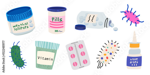 Pharmaceutic vector illustration set. Cartoon retro groovy stickers of medicines and pills for illness. Vitamins, pills, tablets, syrup. Medicine, pharmacology concept