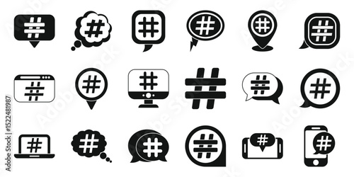 Hashtag symbol icons set. Set of hashtag icons representing online trends, discussions, and social media engagement