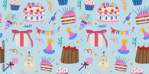 Happy Birthday vector seamless pattern for fabric, wrapping paper, wallpaper, textile print. Vintage cakes, cupcakes, gifts, candles, confetti. Birthday background in cartoon retro style