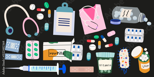 Medicines pills and capsules in cartoon retro style. Set of pharmaceutical elements for a pharmacy. Medicine concept. Hand drawn medical stickers