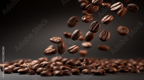 Coffee beans cascade gracefully in soft light against a dark backdrop, highlighting their rich texture and color