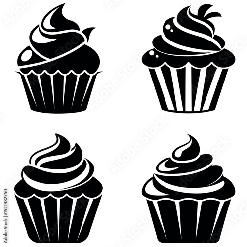 Set of Four Cupcake Illustrations with Creamy Frosting in Black and White Style
