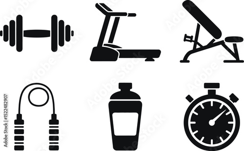 Gym equipment vector set dumbbell treadmill bench jump rope shaker stopwatch fitness workout training 100 editable stock vector illustration
