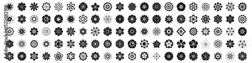 icons set. Diverse set of flower icons showcasing various species and blooming stages in black and white