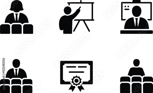 Find training seminar icons for business education and certificate programs for professional development course editable stock vector illustration