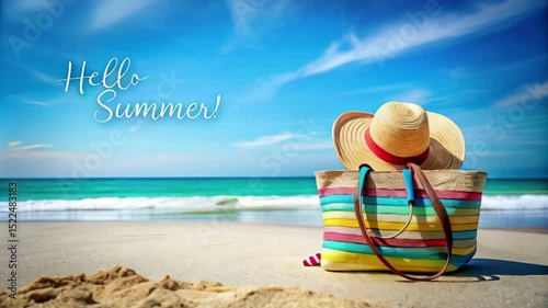 Concept summer holiday. Accessories - bag, straw hat, sunglasses with palm tree reflection, pareo, flip-flops on sandy beach against ocean, blue sky, clouds and bright sun. Beautiful colorful image