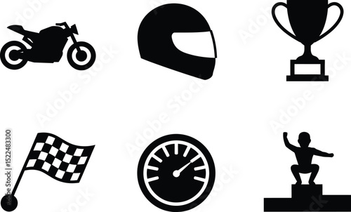 Motorcycle racing icons set vector illustration motorbike helmet trophy flag speedometer winner editable stock vector illustration