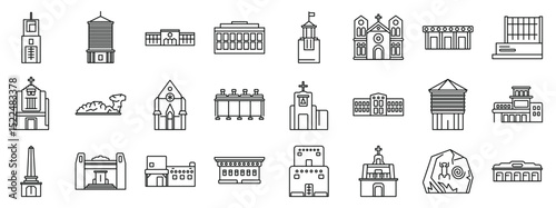 Santa Fe icons set. Line art icons showcasing various architectural styles of government buildings, religious structures, monuments, and other prominent city features