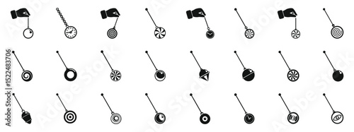 Swinging hypnosis pendulum icons set. Collection of diverse pendulum illustrations for hypnosis concept