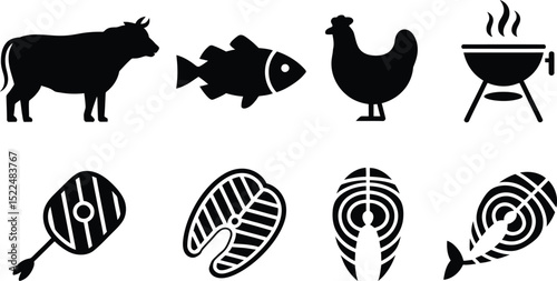 Vector illustration of barbecue grill with meat and fish icon set for restaurant menu and cooking editable stock vector illustration