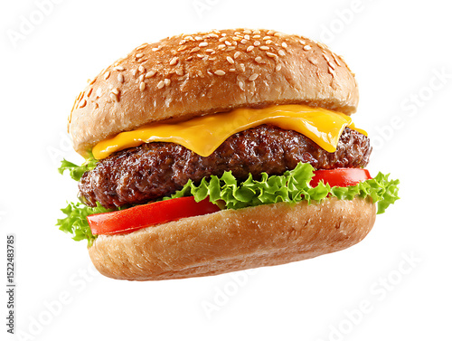 Flying hamburger on clipping path transprent