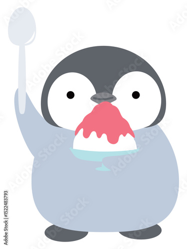 かき氷とスプーンを持つ笑顔のペンギン　いちご味　シンプル　かわいい 動物とデザート 　ベクターイラスト