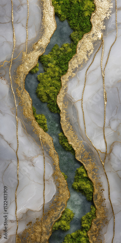 Neutral Stone Slab with Gold Inlays and Moss Highlights for Ads