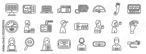 Lie detector test icons set. Polygraph, lie detector, biofeedback, neurofeedback, truth detection test, and related technologies are depicted in this set of icons