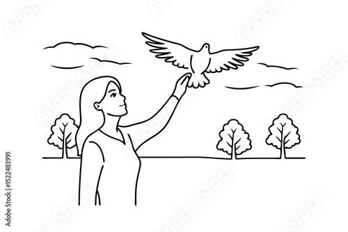 Woman releasing a dove symbolizing peace and freedom in a serene landscape