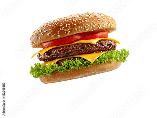 Flying hamburger on clipping path transprent