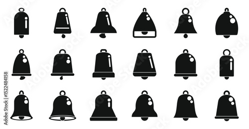 Cowbell icons set. Collection of black bell icons in diverse styles and shapes