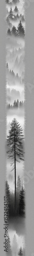 Fog drifting through a misty pine forest with fading silhouettes