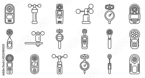 Anemometer icons set. Collection of anemometers and wind vanes, essential tools for measuring wind speed and direction in meteorology and weather forecasting