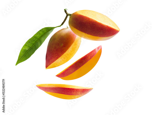 Flying Mango Fruit with Half Slices on clipping path transprent