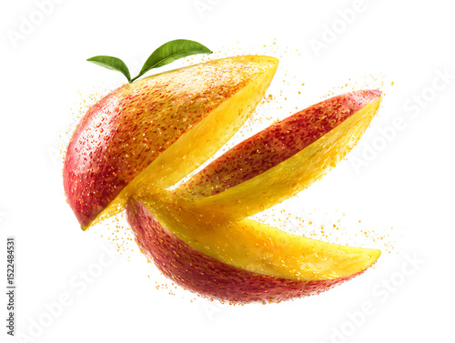 Flying Mango Fruit with Half Slices on clipping path transprent
