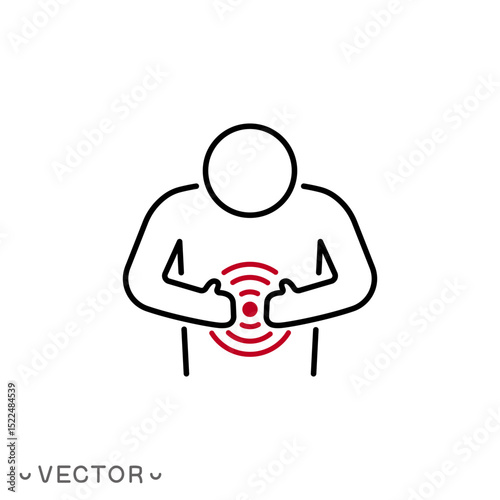 stomach ache icon, abdominal pain, body ache or menstruation pains concept, thin line symbol isolated on white background, editable stroke eps 10 vector illustration
