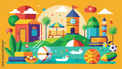 Colorful Summer Scene with Buildings, Pool, and Beach Balls in Geometric Flat Style