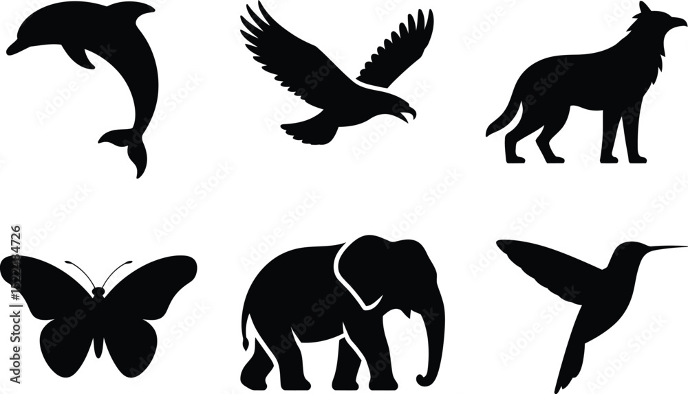 Obraz premium Vector animal silhouette set dolphin eagle wolf butterfly elephant hummingbird illustration clip art 100 editable stock vector illustration