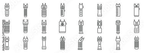 Electric shocker icons set. Collection of linear electric plug icons in various styles