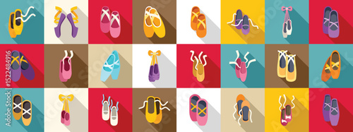 Ballerina footwear icons set. Vibrant display of various ballet shoes in a grid pattern