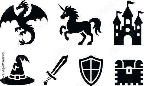 Vector fantasy icons dragon unicorn castle wizard hat sword shield treasure chest fantasy elements set editable stock vector illustration