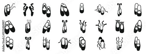 Ballerina footwear icons set. Collection of various pointe shoe icons, showcasing different styles and positions, ideal for dance related projects