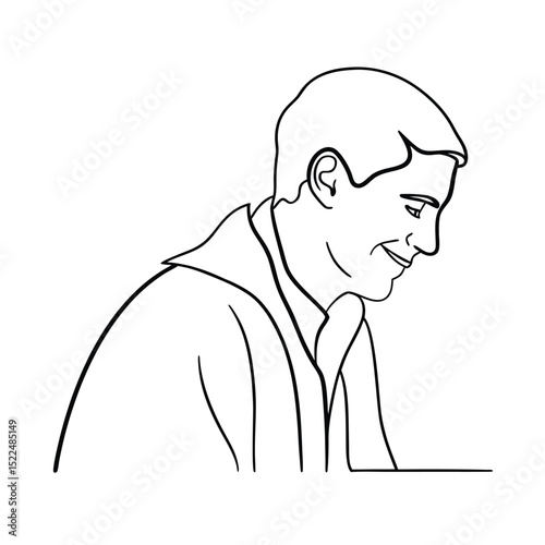 Simple black and white illustration of a smiling man looking downward in outline form
