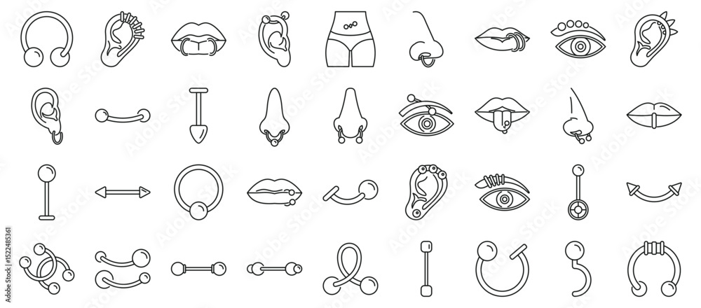 Fototapeta premium Piercing jewelry icons set. Diverse piercing jewelry styles showcased, highlighting popular trends in body modification