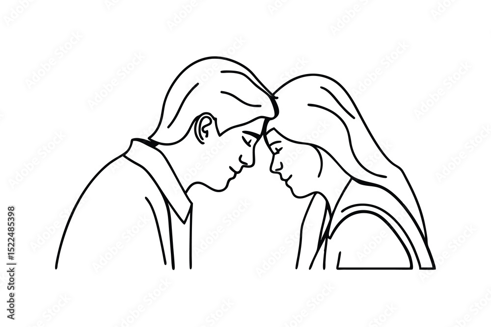 Fototapeta premium Simple black and white illustration depicting a loving couple touching foreheads together