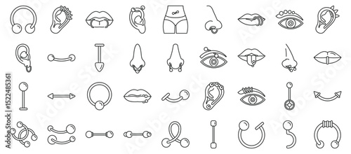 Piercing jewelry icons set. Diverse piercing jewelry styles showcased, highlighting popular trends in body modification